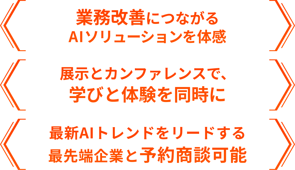 業務改善につながるAIソリューションを体感。展示とカンファレンスで、学びと体験を同時に。最新AIトレンドをリードする最先端企業と予約商談可能。