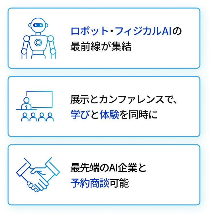 ロボット・フィジカルAIの最前線が集結。展示とカンファレンスで、学びと体験を同時に。最先端のAI企業と予約商談可能。