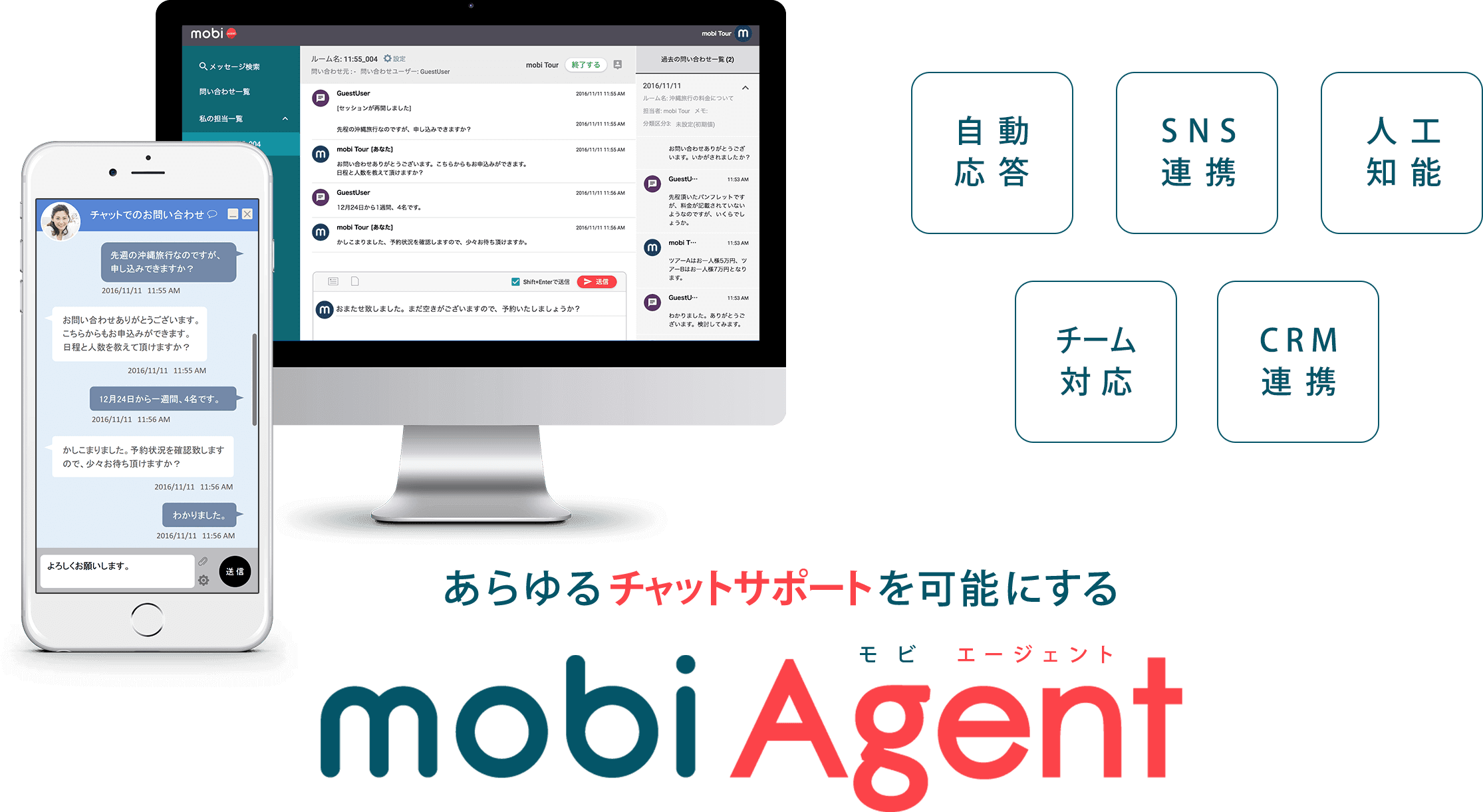 あらゆるチャットサポートを可能にするmobiAgent｜自動応答｜SNS連携｜人工知能｜チーム対応｜CRM連携
