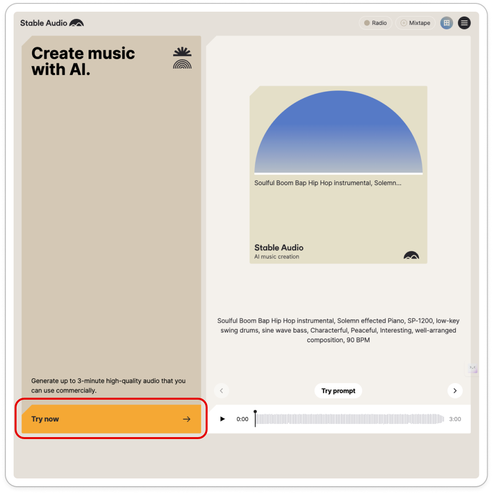 StableAudio「Try now」