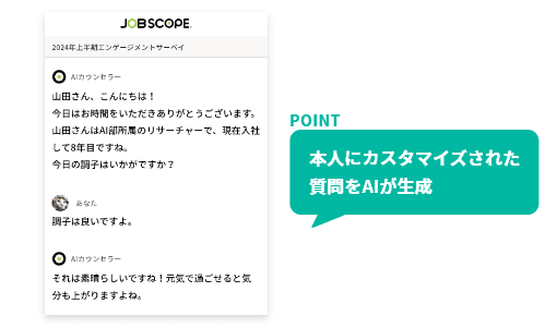 被診断者の会社や所属他属性から個別カスタマイズされた質問をAIが生成