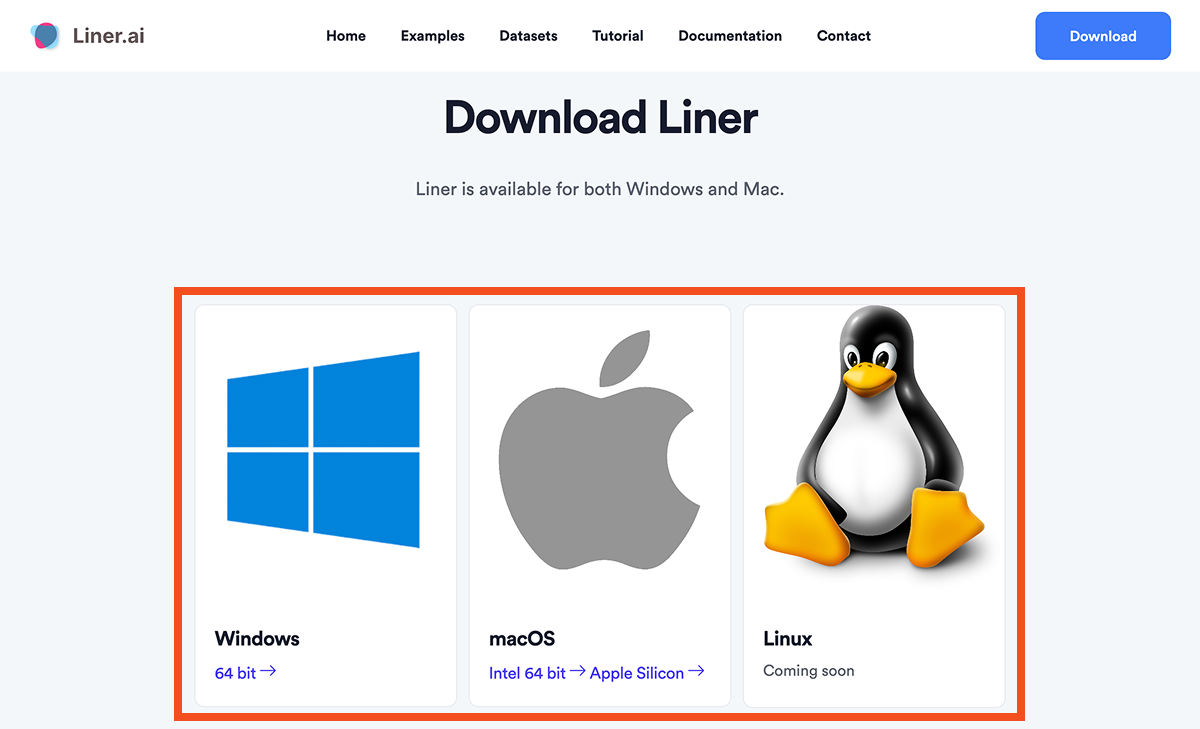 Liner.aiのダウンロードページ