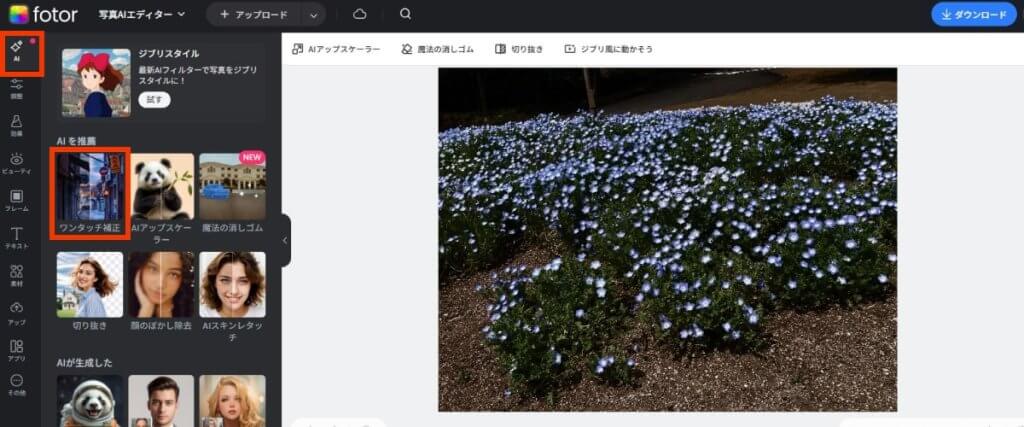 fotorの操作説明、写真AIエディターのワンタッチ補正