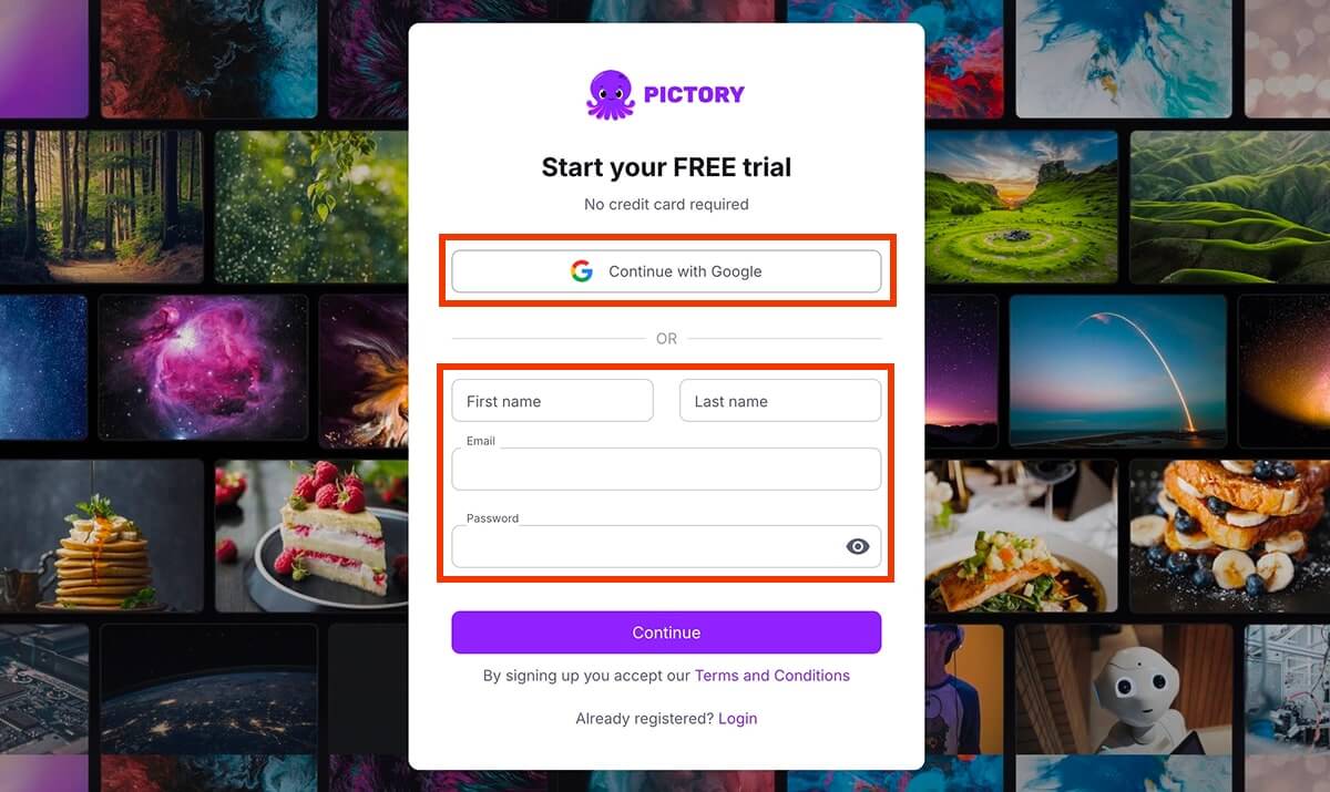 pictoryアカウント登録画面