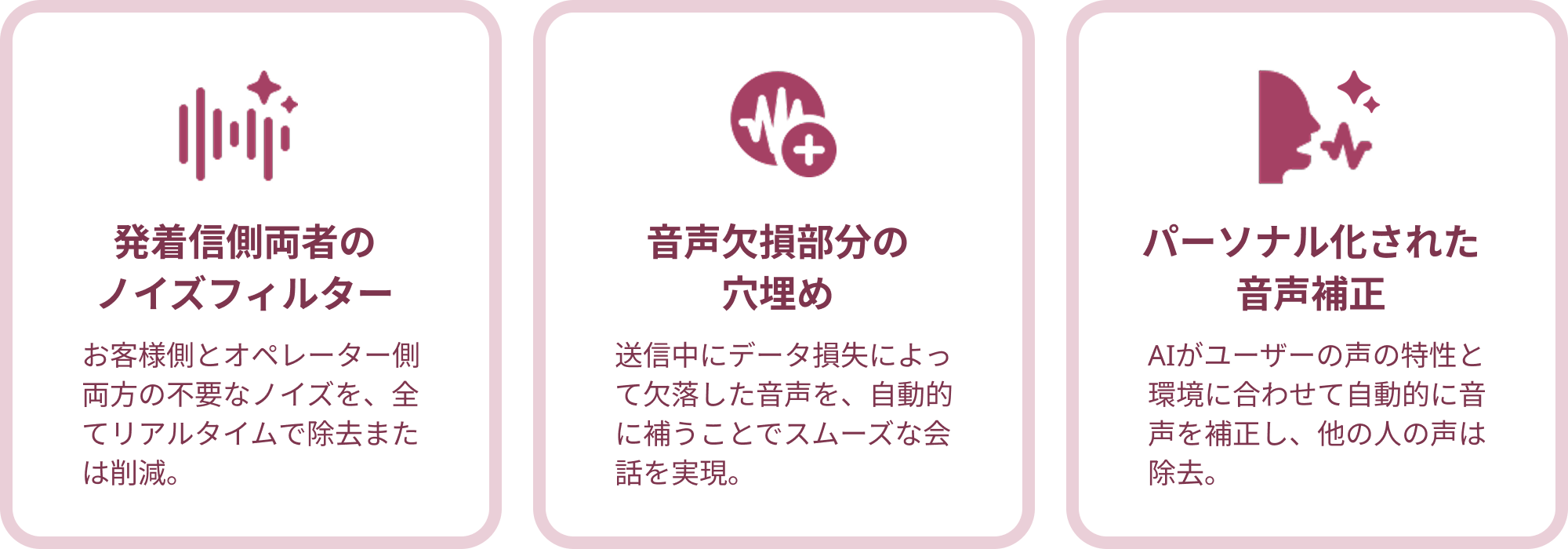 CrystalSoundが選ばれる３つの理由、「発着信側両者のノイズフィルター」「音声欠損部分の穴埋め」「パーソナル化された音声補正」について解説した図