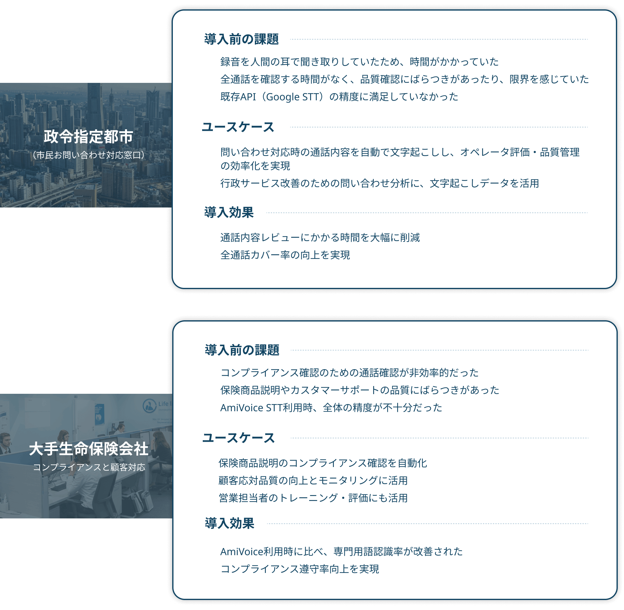 「政令指定都市」と「大手生命保険会社」でのNamiSenseの導入事例について解説した図