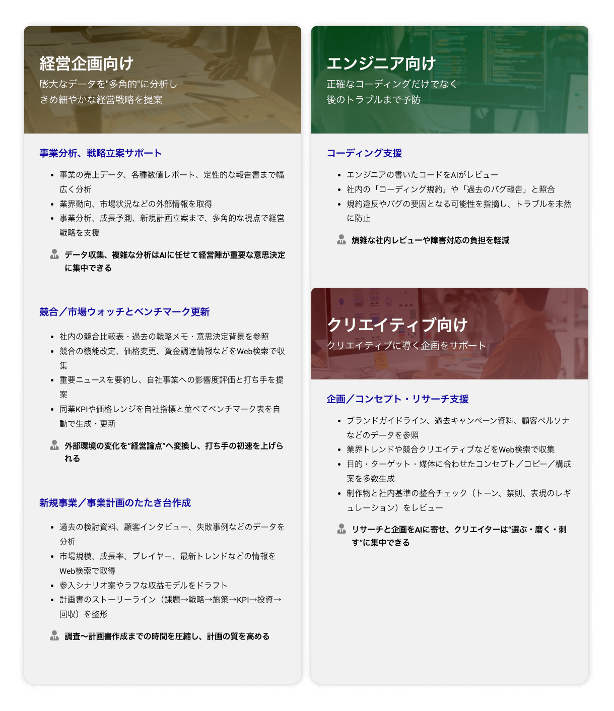 経営企画向け/エンジニア向け/クリエイティブ向け