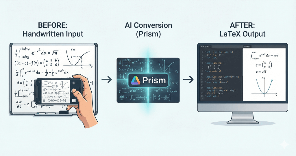 ホワイトボードの手書きメモがPrismによってLaTeXコードとプレビュー出力へ変換される流れのイメージ