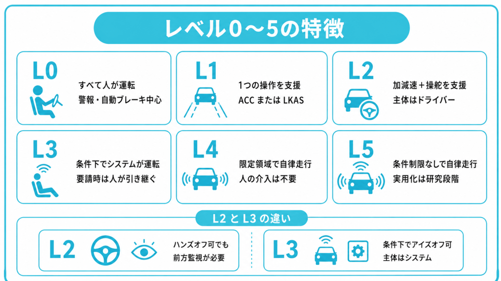 自動運転レベル0〜5の定義と特徴
