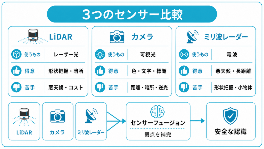 LiDARとカメラ・ミリ波レーダーの違い