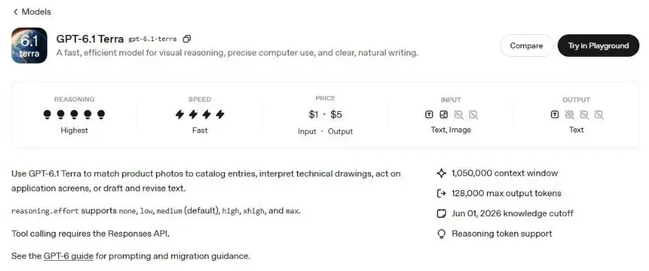 OpenAI APIドキュメントのGPT-6.1 Terraモデルページ